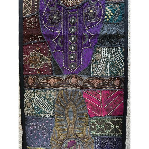Vintage beaded tapestry wall hanging vertical dark beaded ethnic bohemian 20x60” - Picture 6 of 16